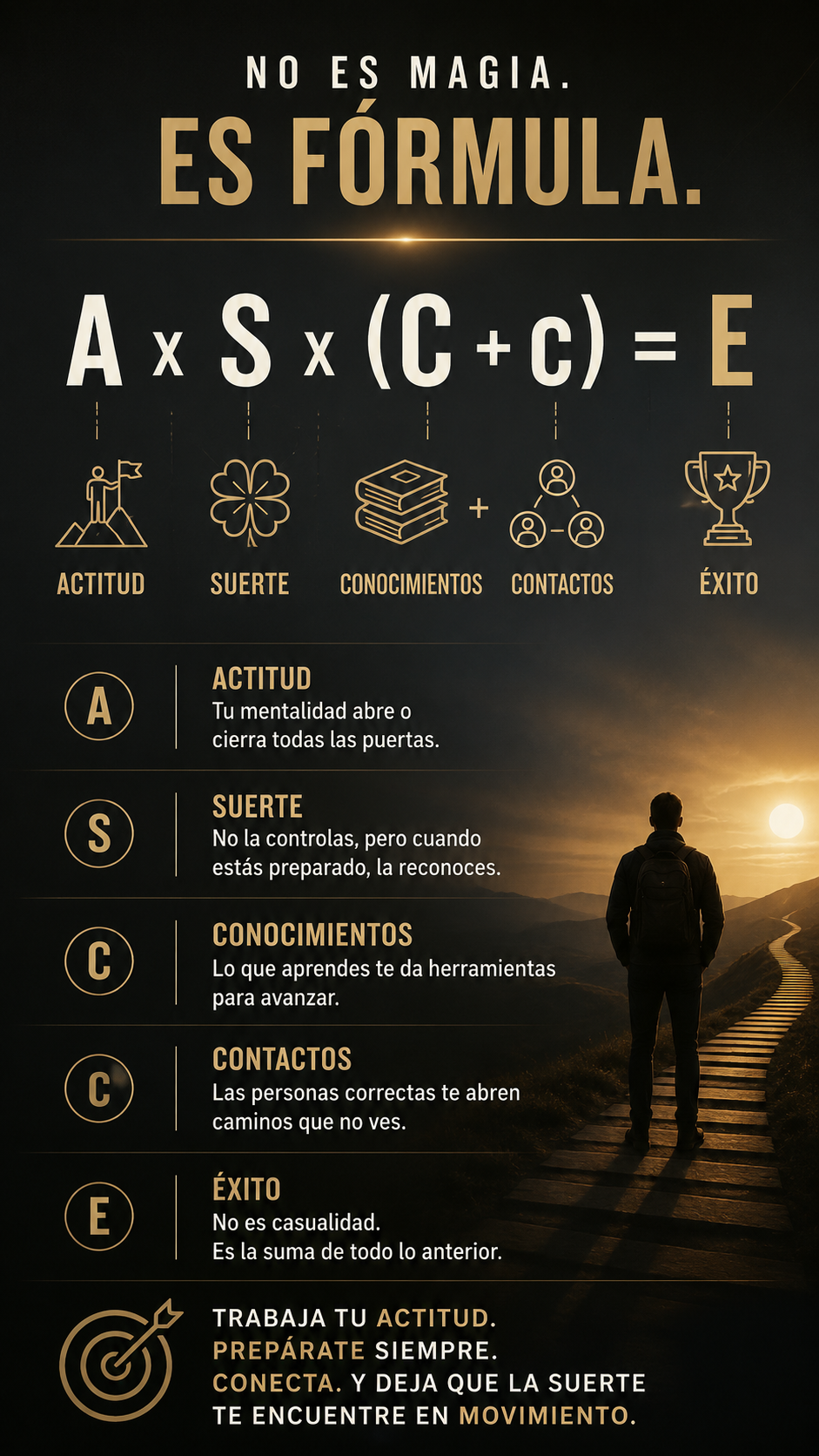 Infografía de la fórmula del éxito: Actitud × Suerte × (Conocimientos + Contactos) = Éxito